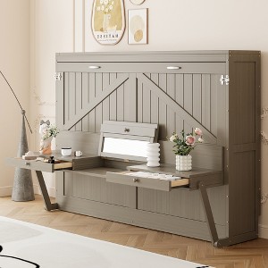 Queen Size Murphy Bed Foldable Bed Space-saving Wall Bed with Vanity Desk, Center Mirror & 2 Side Drawers - ModernLuxe - 1 of 4