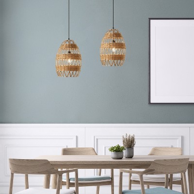 12.75" Tan Rattan and Metal Bowl Pendant Ceiling Light