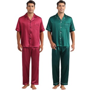 INSPIRE CHIC Men's 2 Pack Casual Sleepwear Short Sleeve Satin Pajamas Sets - 1 of 4