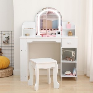 Kids Vanity with Lighted Mirror, 2 in 1 Little Girls Vanity Table & Stool, Kids Makeup with Bookshelf,Drawer & Open Shelves for 3-9 Yrs Girls - 1 of 4