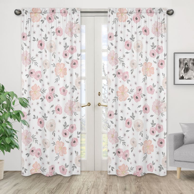 Sweet Jojo Designs Window Curtain Panels 84in. Watercolor Floral Pink and Grey, 2 of 6