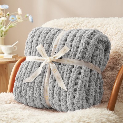 Amelie Home Chunky Knit Blanket Throw,Handmade Chenille Cable Knitted Crochet Throw Blanket,Throw
