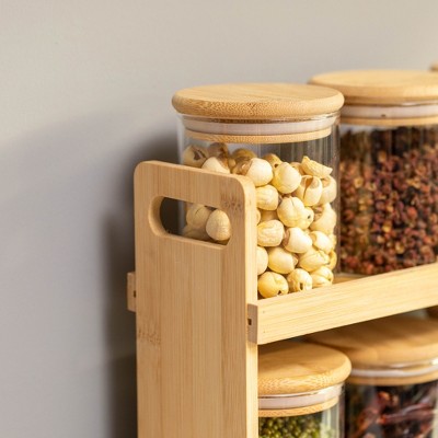 Natural Bamboo 3-Tier Spice Rack with Clear Glass Jars