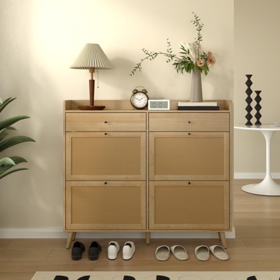 Farmhouse Wooden Shoe Storage Cabinet with 4 Flip Drawers, 2 Drawers & Rattan Doors ¨C Narrow Freestanding Hidden Shoe Rack for Entryway, Living Room