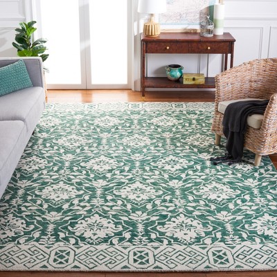 Ivory and Dark Green Wool Tufted Rectangular Area Rug