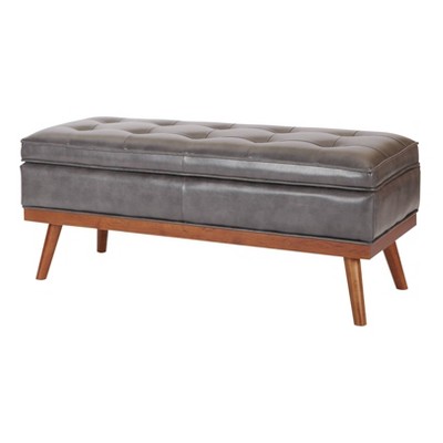 Katheryn Pewter Bonded Leather Storage Bench with Solid Wood Legs