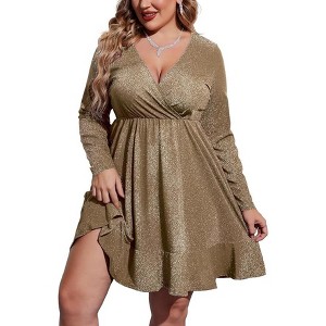 ZEAGOO Plus Size Womens Glitter Dress V Neck Long Sleeve Ruffle Hem Swing Club Cocktail Party Dresses - 1 of 4