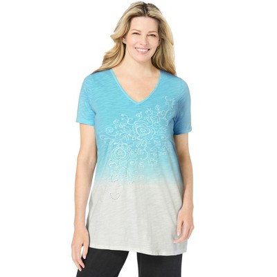 Woman Within Short-Sleeve V-Neck Embroidered Dip Dye Tunic