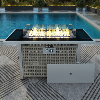 Coolbibila-43" Propane Gas Fire Pit Table, 60000 Btu Rectangular Open Weave Wicker Fire Pit With Glass Wind Guard For Outside