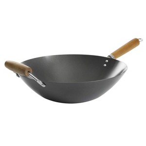 Kenmore Hammond 14 Inch Flat Bottom Carbon Steel Wok in Black with Wooden Handles - 1 of 4