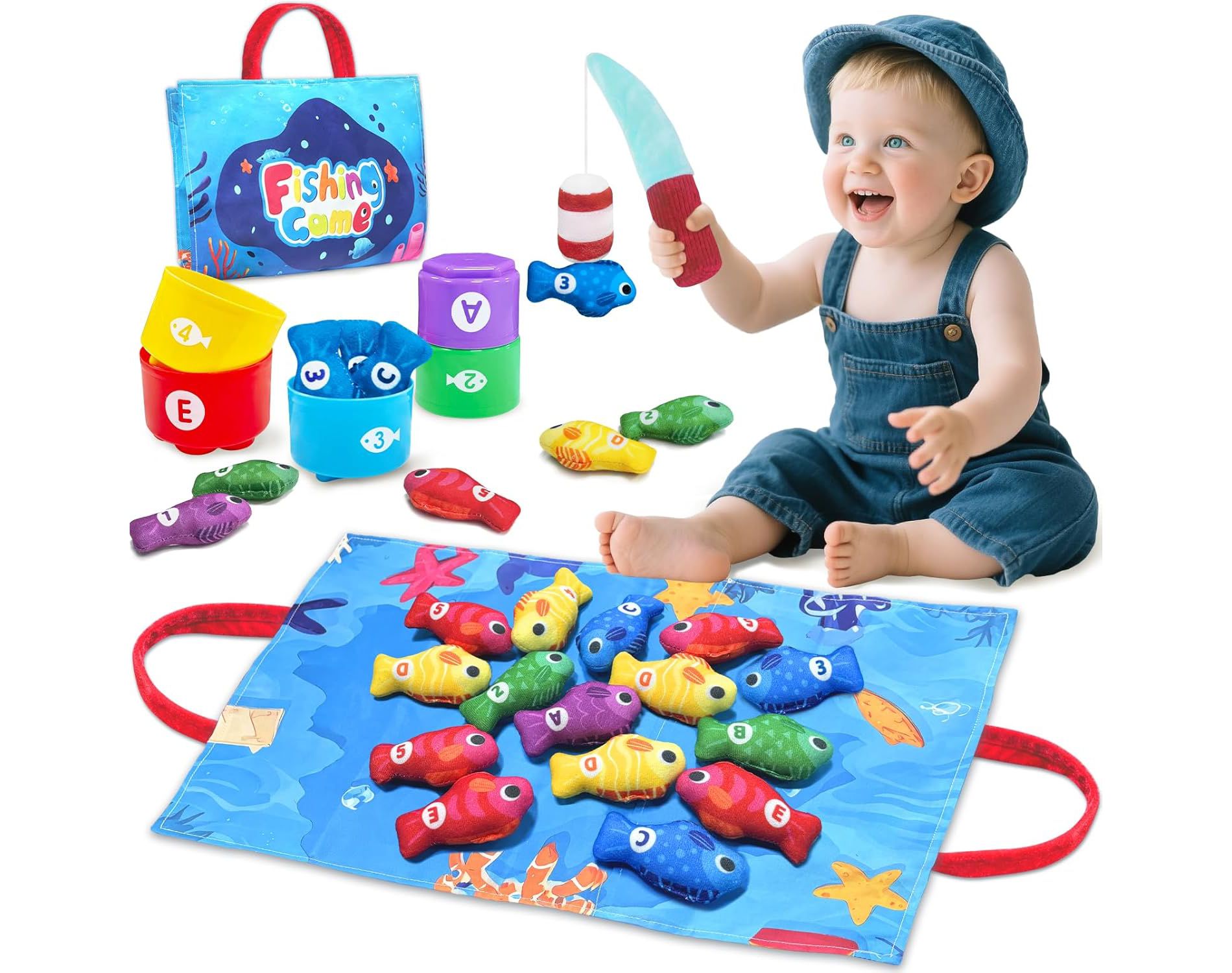 Toddler Fishing Game with Stacking Cups, Montessori Sensory Sorting Toy for Ages 1-3