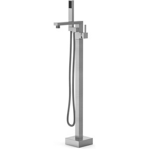 Brushed Nickel Freestanding Tub Filler- Floor mount waterfall faucet with  handheld shower & single handle. - 1 of 4