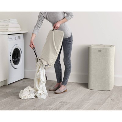 Beige Steel Dual Compartment Laundry Sorter with Lid