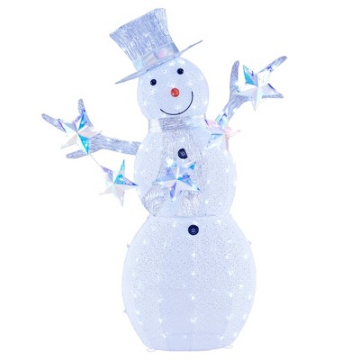 Tangkula 5 FT Christmas Lighted Snowman with Stars Lighted Christmas Decoration with 140 Cold White LED Bulbs Ground Stakes & Zip Ties Included