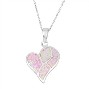 Opalata Sterling Silver Pink Inlay Opal Heart Mosaic Style 18" Pendant Necklace - Pink - 1 of 2