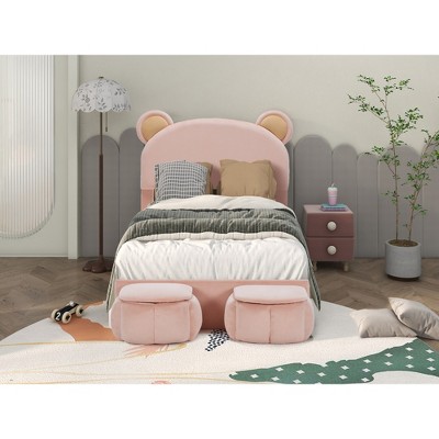 Twin Size Upholstered Platform Bed with Cartoon Bear Ears Shaped Headboard