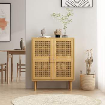 4-Doors Rattan Mesh Storage Cabinet, Shoe Cabinet with Eight Storage Spaces, for Entryway, Living Room, Hallway - ModernLuxe