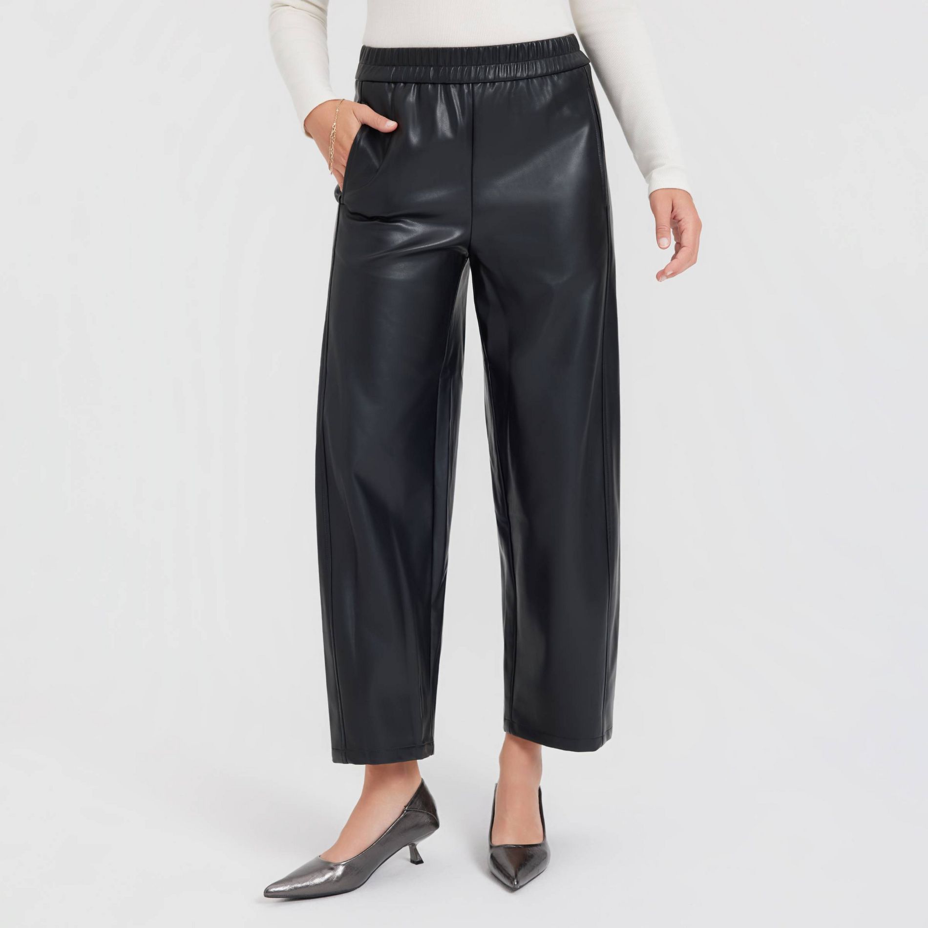 Women's Mid-Rise Barrel Leg Faux Leather Pull-On Pants - A New Day™ Black XL