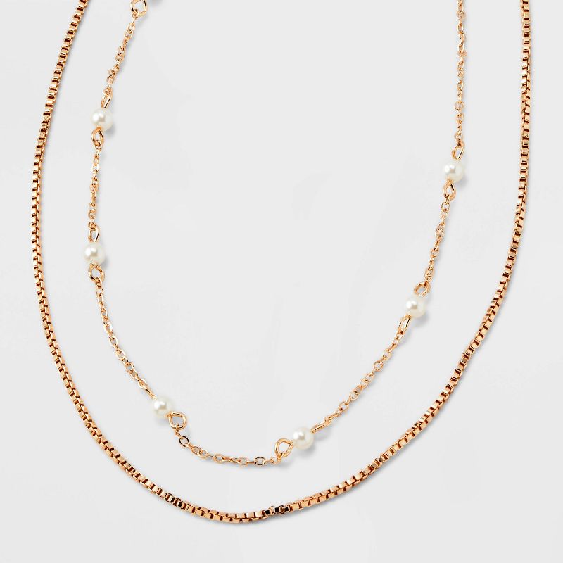 Gold 2 Row Clear Stone Pearl Ball Necklace - A New Day&#8482; Gold, 1 of 6