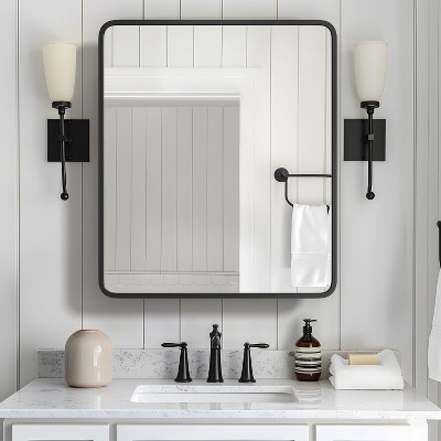 Wooakway Recessed or Wall Mount Medicine Cabinet 16 x 24 Inch Bathroom Mirror Cabinet with HD Mirror, Black