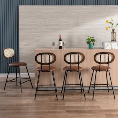 SEVOBAL Dining Chairs Counter Stools Set Of 4, Bar Stools, Faux Leather Counter Stool With Rattan Backrest, For Home, Brown, 15.6"*16.5"*33"