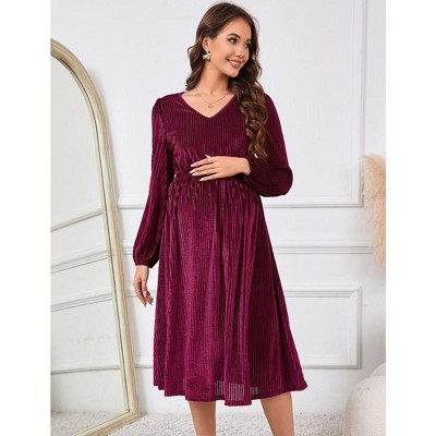 Maternity Velvet Dress V Neck Long Sleeve High Waisted Midi Dress Baby Shower Photoshoot