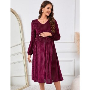Maternity Velvet Dress V Neck Long Sleeve High Waisted Midi Dress Baby Shower Photoshoot - 1 of 4