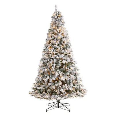 Nearly Natural 9-ft Flocked White River Mountain Pine Christmas Tree with Pinecones and 650 Clear LED Lights
