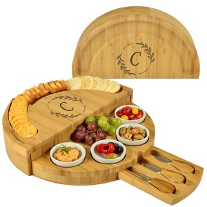 Picnic at Ascot Large Personalized Patented Bamboo Swiveling Charcuterie Board with Cheese Knife Set and Dip Bowls - 1 of 4