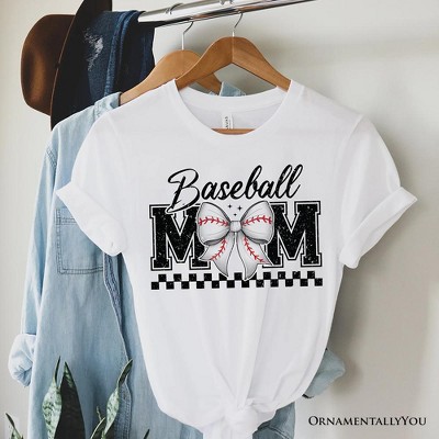 Baseball Mom Coquette Bow Retro T-Shirt, Stylish Game Day White Tee for Trendy and Proud Sports Mothers| OrnamentallyYou