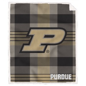 NCAA Purdue Boilermakers Plaid Steel Royal Plush Faux Shearling Blanket - 1 of 2