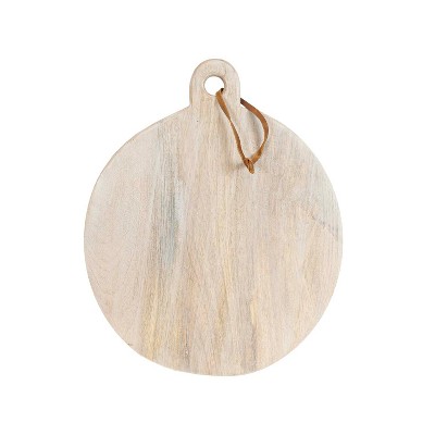 Round Serving Board Whitewash Wood with Leather Loop by Foreside Home & Garden