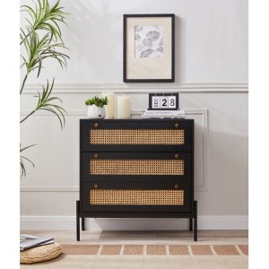 Mdf Rattan Storage Cabinet With 3 Large Drawers, Wooden Bedside Table Drawer Dresser, Sideboard With Storage Space For Living Room Hallway Bedroom - 1 of 4