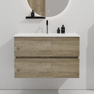 FAMYYT 30 in. Single Sink Floating Rough Oak Bath Vanity with White Ceramic Top, 2 Soft Drawers - 1 of 4