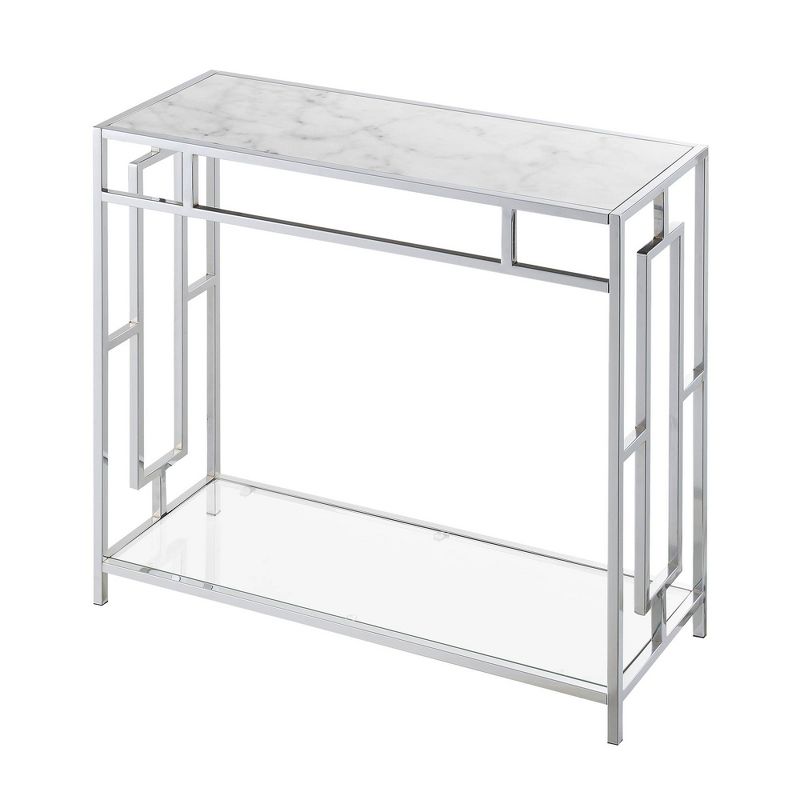 Town Square Chrome Faux Marble Glass Hall Table with Shelf White Marble/Glass/Chrome - Breighton Home, 1 of 6