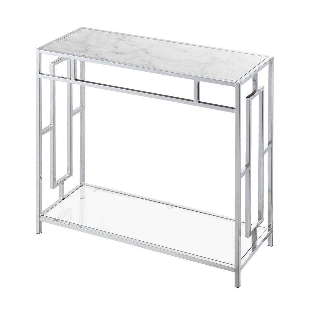 Photos - Dining Table Town Square Chrome Faux Marble Glass Hall Table with Shelf White Marble/Gl