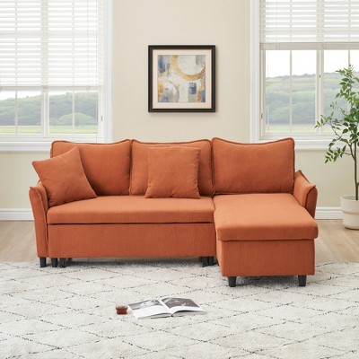 SKRAN 80" Sectional Sofa Couch with Pull Out Bed, Modern Upholstered L-Shaped Sleeper Sofa Bed with Storage Chaise & Throw Pillows, Corduroy(Orange)