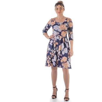 24seven Comfort Apparel Blue Rose Three Quarter Sleeve Pleated Dress-multi-l  : Target