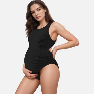 Anna-Kaci Swim Women's Maternity Ribbed One-Piece Swimsuit with Scoop Neck and Side Cutout Detail - 1 of 4