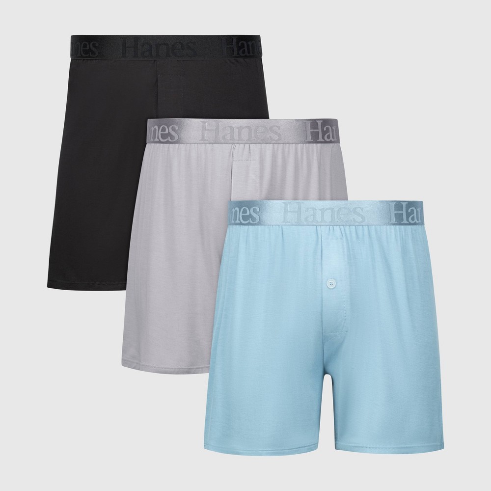 Hanes Originals Premium Men's Super Soft Knit 3pk Boxer Shorts - Blue/Gray/Black M