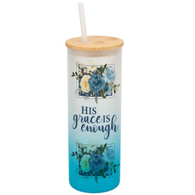 Elanze Designs His Grace Is Enough Faith Floral Frame Wrap-Around Design 25 Ounce Frosted Gradient Glass On-The-Go Coffee Travel Skinny Tumbler Mug