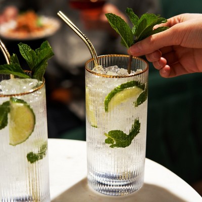 Gold Rimmed Clear Rippled Highball Glasses Set of 2, 15oz