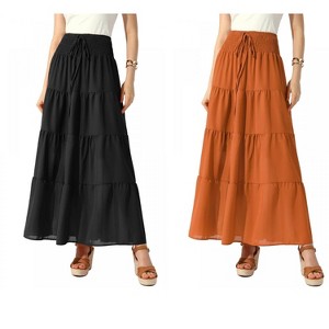 Allegra K Women's Boho Summer Smocked Elastic Waist Tiered A-Line Beach Maxi Skirt 2 Packs - 1 of 4
