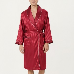 Anna-Kaci Men's Satin Robe with Subtle Stripe Texture Contrast Trim and Waist Tie - 1 of 4