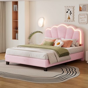 NicBex Full Upholstered Bed Frame with Elegant Flower-Shaped Headboard,Adjustable Headboard with LED Lights,Wood Slats Support,Easy Assembly,Pink - 1 of 4