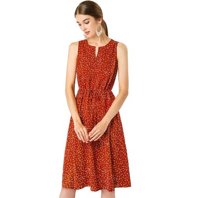 Allegra K Women's Floral Split Neck Drawstring Waist Sleeveless A-Line Summer Midi Dress