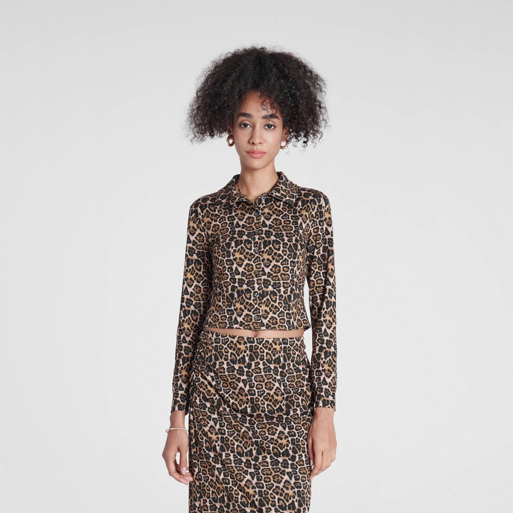 Women's Knit Front-Button Cardigan - Wild Fable™ Gold Leopard Print M