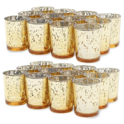 Juvale Round Gold Mercury Glass Cylinder Votive Tealight Candle Holder Set of 24 Decorative, 2.2"x2.2"x2.6"