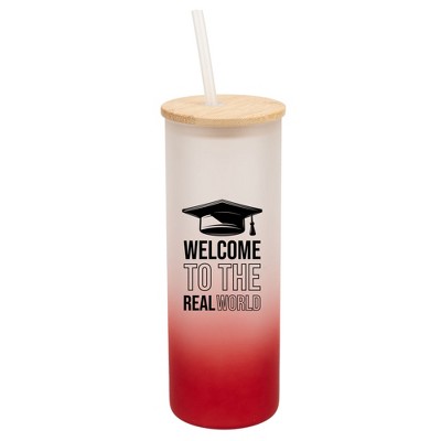 Elanze Designs Welcome Real World Grad School Graduation Wrap-Around Design 25 Ounce Frosted Gradient Glass On-The-Go Coffee Travel Skinny Tumbler Mug