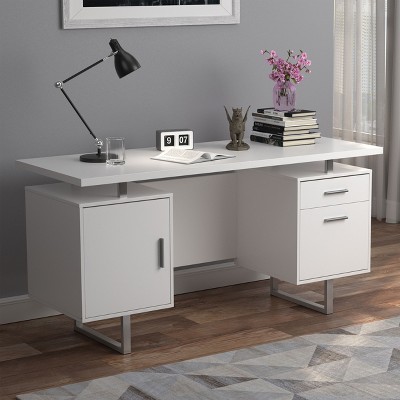 Vynxaria Modern 2-Drawer Computer Desk - White High Gloss Finish, Metal Legs, Legal/Letter-Size File Storage